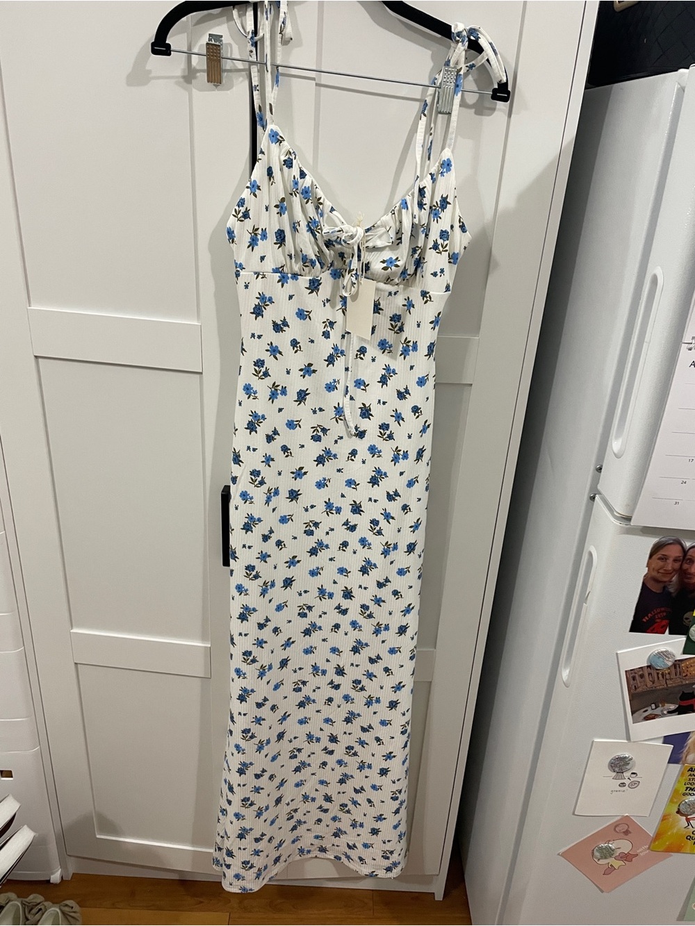 NWT White Maxi Slip Dress with Blue Floral Print Lined Beautiful Fit
